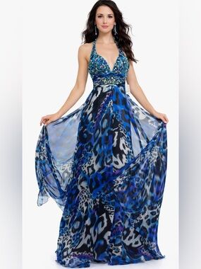 Cassandra Stone Mac Duggal Sequin Halter Formal Prom Gown Blue NWT 4